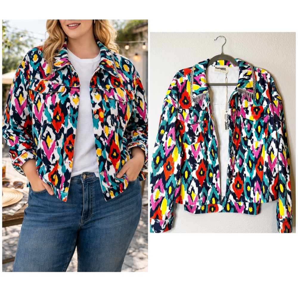 Savanna Jane Multicolor Ikat Print Corduroy Rhinestone Fringe Western Shacket L